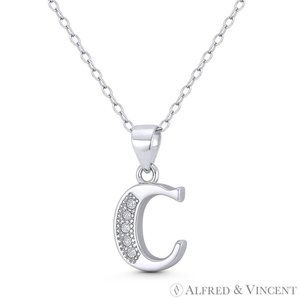 Initial Letter "C" CZ Crystal Pendant in .925 Sterling Silver w/ Rhodium